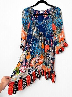 Lula Soul Dress S Boho Pocket Tassel Ruffle Resort Floral Tunic Cover Up